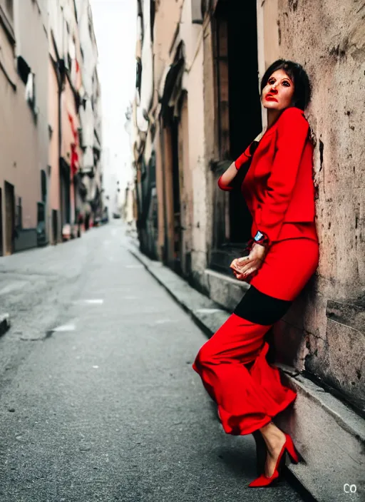 Prompt: color portrait of a beautiful 35-year-old Italian woman, wearing a red outfit, candid street portrait in the style of Mario Testino close up, detailed, award winning, Sony a7R