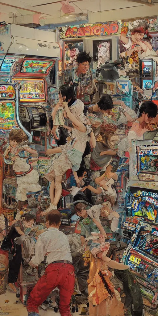 Image similar to oil painting scene from amusement arcade by kim jung gi