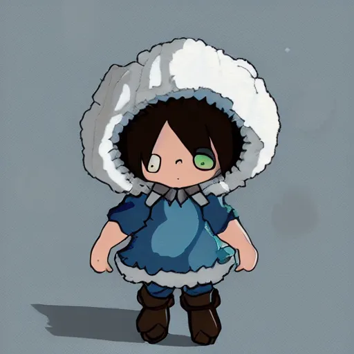 Image similar to little boy wearing sheep suit. white, gray, blue, green and brown pallet color. made in abyss art style, inspired in chris from deltarrune, high details