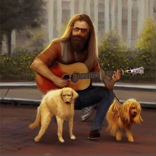 Image similar to oil painting of a young man with long hair blond and a beard hippie style with his golden retrever dog playing guitar in the square for money, people watching around, by greg rutkowski, artstation