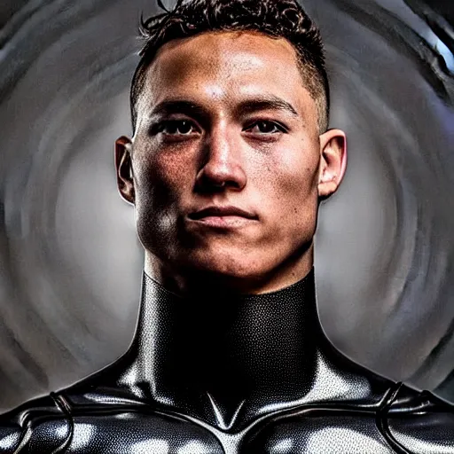 Image similar to “a realistic detailed photo of a guy who is an attractive humanoid who is half robot and half humanoid, who is a male android, baseball player Aaron Judge, shiny skin, posing like a statue, blank stare”