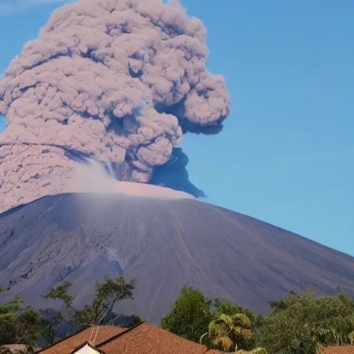 Prompt: a volcano erupting. oblivious citizens continue their day