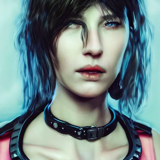 Image similar to detailed realistic female character cyberpunk wearing thick technological collar around neck, realistic, art, beautiful, 4K, collar, choker, collar around neck, punk, artstation, detailed, female, woman, choker, cyberpunk, neon, punk, collar, choker, collar around neck, thick collar, tight around neck, punk,