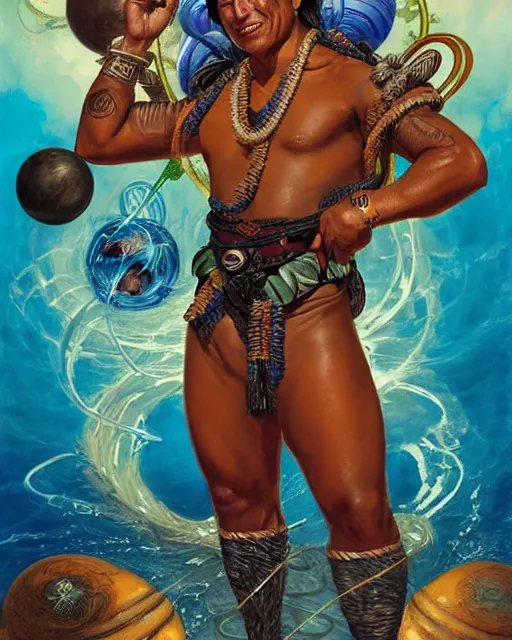 Image similar to duke kahanamoku as a hawaiian warrior surrounded by intergalactic planets connected by streams of magical flow, sigma male, gigachad, visually stunning, luxurious, by james jean, jakub rebelka, tran nguyen, peter mohrbacher, yoann lossel