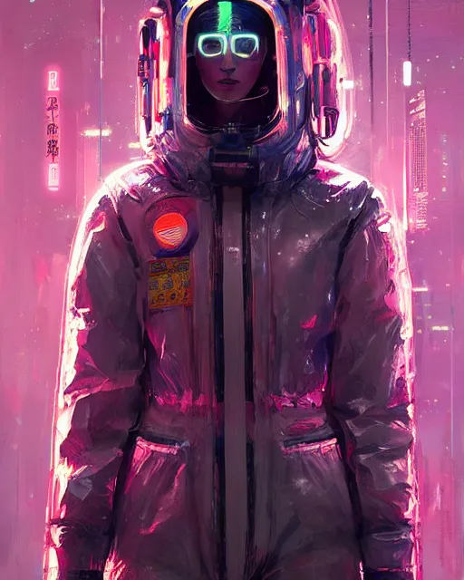 Prompt: detailed portrait Neon Spacesuit Girl, cyberpunk futuristic neon, reflective puffy coat, decorated with traditional Japanese ornaments by Ismail inceoglu dragan bibin hans thoma greg rutkowski Alexandros Pyromallis Nekro Rene Maritte Illustrated, Perfect face, fine details, realistic shaded, fine-face, pretty face