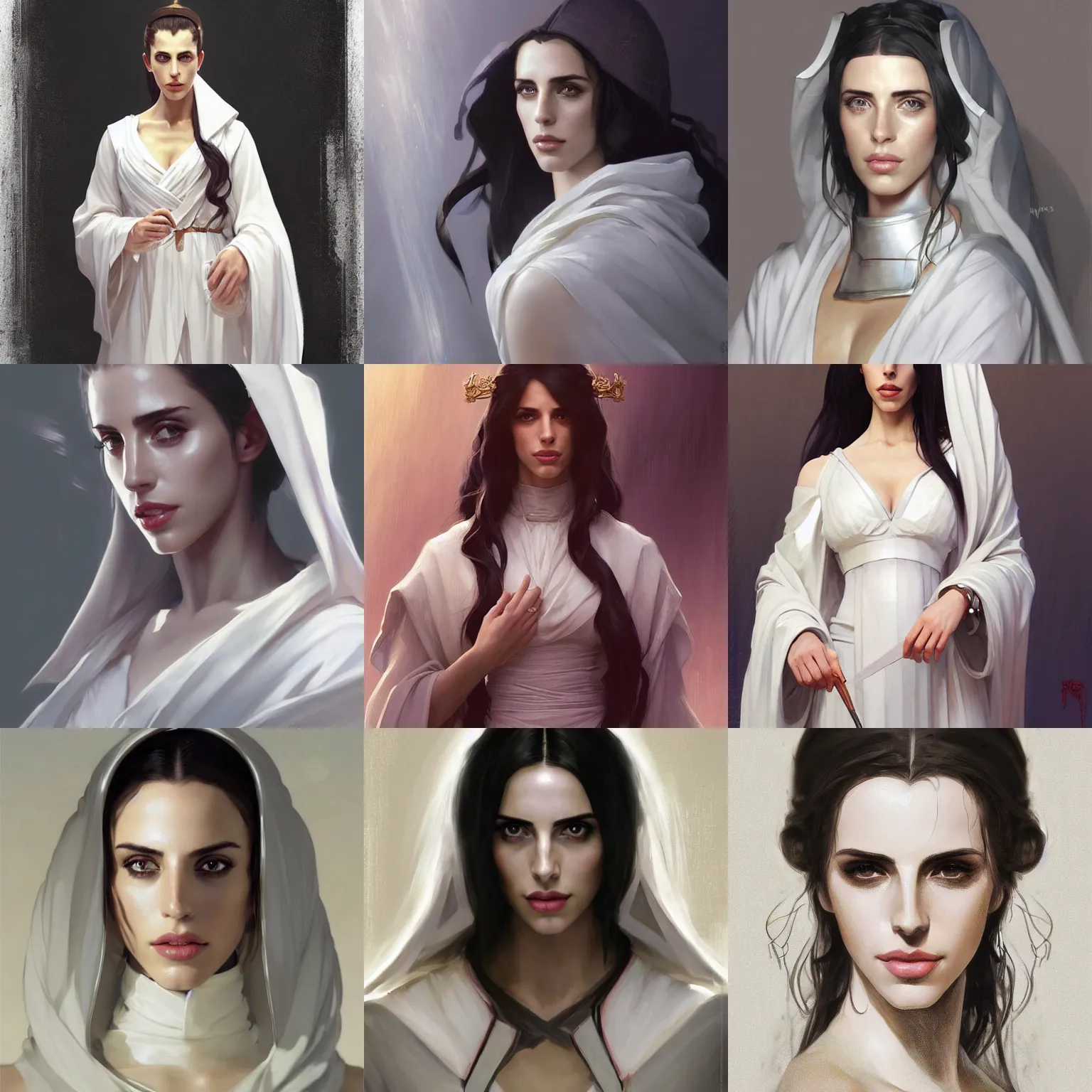 Prompt: character concept portrait, head - on centralized, jessica lowndes as a dnd cleric in white robes, metallic sheen, style digital painting, concept art, smooth, sharp focus, illustration, from metal gear, by ruan jia and mandy jurgens and william - adolphe bouguereau, artgerm