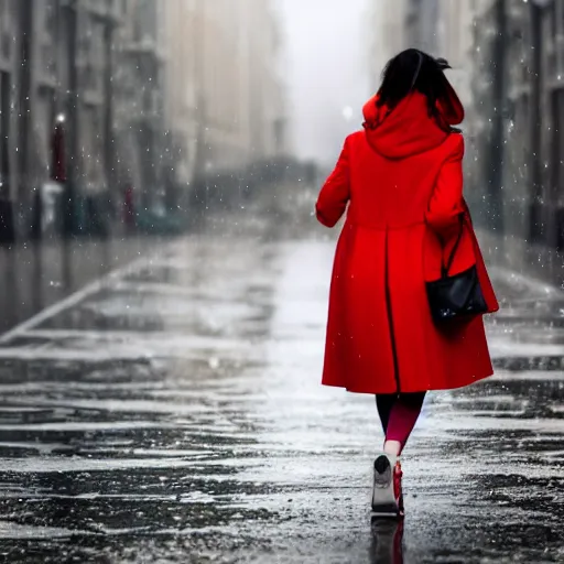 Image similar to girl with red coat walking in rainy street, colour splash, photo