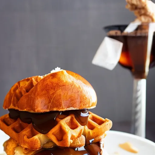 Image similar to fried chicken sandwich with Belgian Waffle Bun, maple syrup & hot fudge, ice cream on the side, 4K, HD