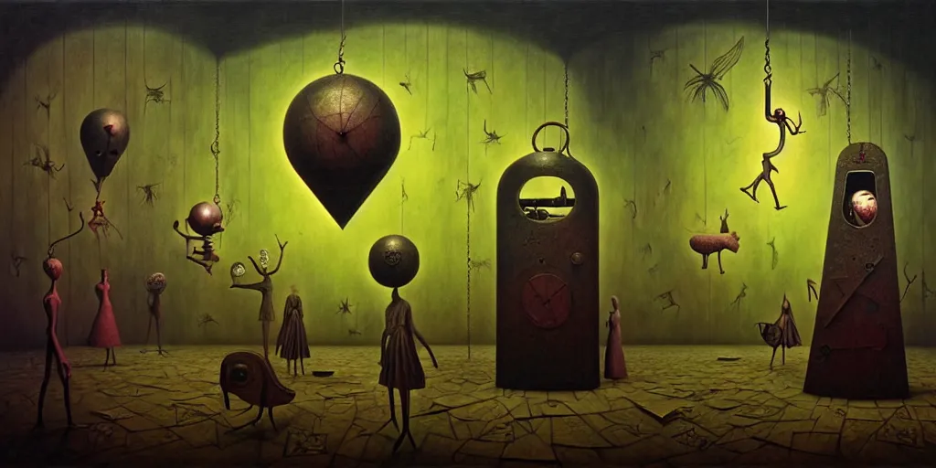 Image similar to trapped on the hedonic treadmill, dark surreal painting by ronny khalil, shaun tan, and leonora carrington