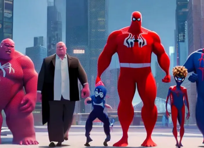 Prompt: still of 1 9 feet tall wilson fisk ( from spider - man into the spider - verse ) around much smaller people, in avengers endgame ( 2 0 1 9 )