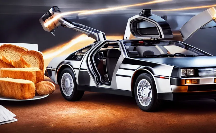 Image similar to a time-traveling delorean styled toaster with toast, bread inserted into slot, glowing heating coils, stainless steel, professional product shot, magazine ad