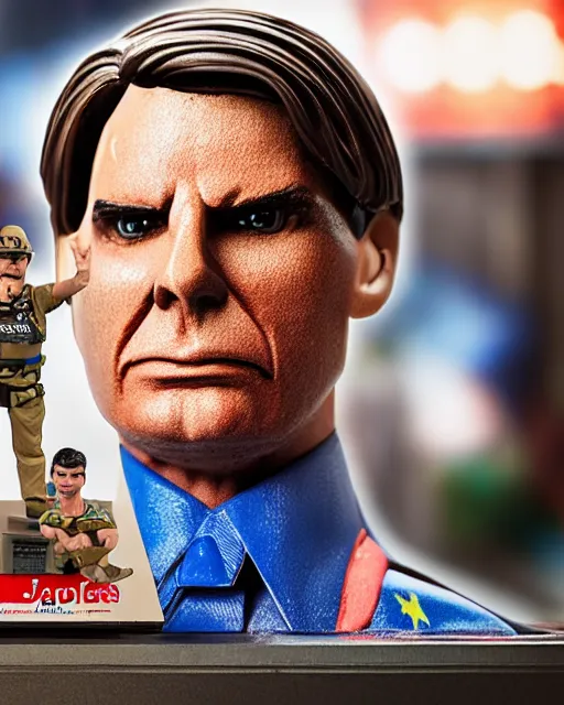 Prompt: box of the toy of jair bolsonaro as an action figure, hyper real, advertising photography, 8 k