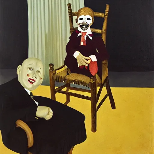 Image similar to oil painting of ventriloquist's dummy, sitting on chair with black leather seat, with gold comedy and tragedy masks on floor, black curtains in background, by neo rauch and paula rego