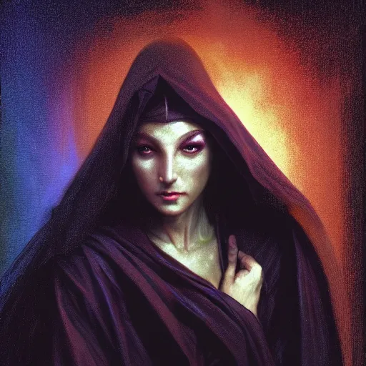 Image similar to artistic scene of a fierce beautiful figure the called the moonbow queen with beautiful face in a black cloak in battle ready pose and strangers coming against her, a rainbow in the dark, colorful, by Michael Whelan, William Adolphe Bouguereau, and Donato Giancola, highly rendered, beautiful, cyberpunk, moody lighting, glowing light and shadow, atmospheric, shadowy, cinematic, 8K