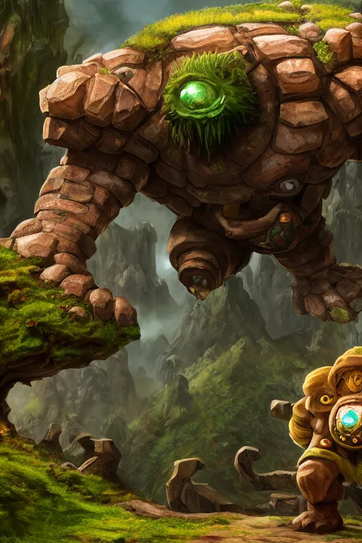 Image similar to zelda fantasy art giant golem troll wood rock greeble gemstone, global illumination ray tracing hdr fanart arstation by sung choi and eric pfeiffer and gabriel garza and casper konefal