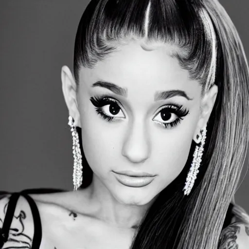 Image similar to ariana grande recursive photo beautiful ariana grande photo bw photography 130mm lens. ariana grande backstage photograph posing for magazine cover. award winning promotional photo. !!!!!COVERED IN TATTOOS!!!!! TATTED ARIANA GRANDE NECK TATTOOS. Zoomed out full body photography.
