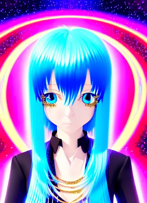 Prompt: a hologram of rimuru tempest, sky blue hair, golden eyes, wearing a black stylish jacket, pixiv 3 d render, holography, irridescent, covered by baroque bedazzled ornamental frames