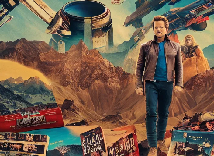 Image similar to a very high resolution image from a new movie, starlord. in a room full of posters and vinyls. mountains, directed by wes anderson