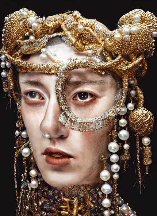 Prompt: hyperrealism, detailed textures, award winning autochrome portrait photo, symetrical japanese pearl beautiful medusa queen autochrome pearl portrait, pearl silverplate, intricate, detailed facial pearl scary animal mask, pearl, golden jewelery, silverplate, ultra realistic, cinematic, intricate, cinematic light by steve mccurry, unreal engine 8 k