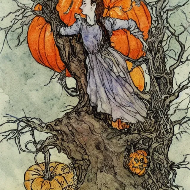 Image similar to a detailed, intricate watercolor and ink portrait illustration with fine lines, of a young alicia vikander in a dress climbing a gnarled tree in a pumpkin patch, by arthur rackham and edmund dulac