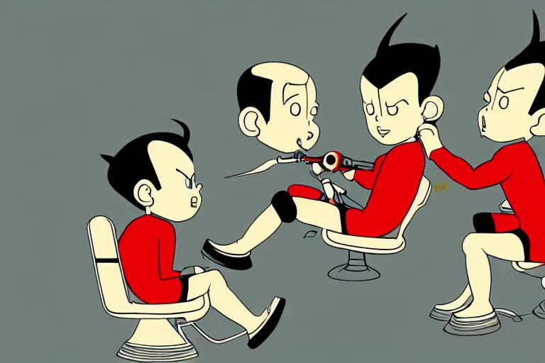 Image similar to a barber struggles to cut the hair of conjoined twins, style of astro boy, trending on artstation