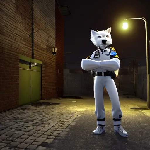 Prompt: furry anthro 3d source engine render 4k police officer anthropomorphic white wolf in uniform standing under a streetlamp in an alley at night half life