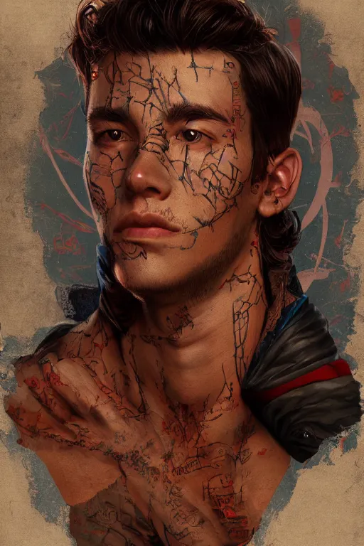 Image similar to portrait of beautiful young man, warhammer, a lot of scars, readhead, the future ages, highly detailed, artstation, illustration, art by tristan eaton, 8 k quality