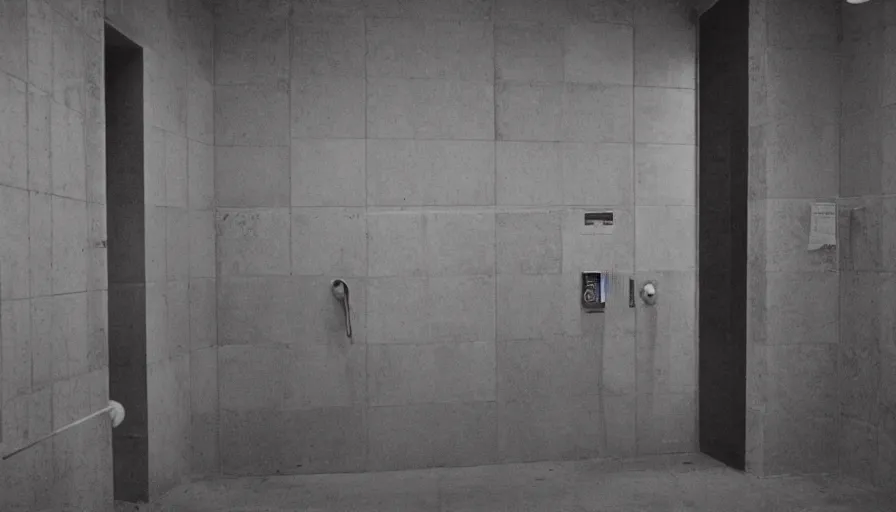 Image similar to 60s movie still of a sovietic stalinist style empty public shower, cinestill 800t 50mm eastmancolor, liminal Space style, heavy grain-s 150