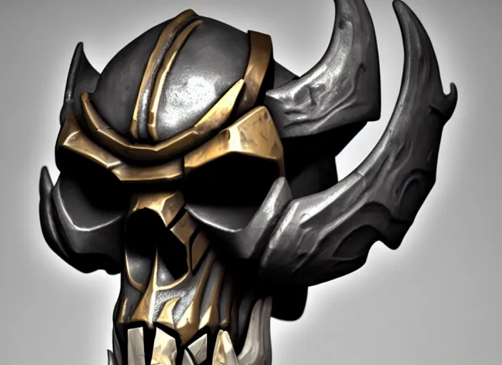 Image similar to tusked damaged brushed metal skull mask, stylized stl, 3 d render, activision blizzard style, hearthstone style, darksiders art style