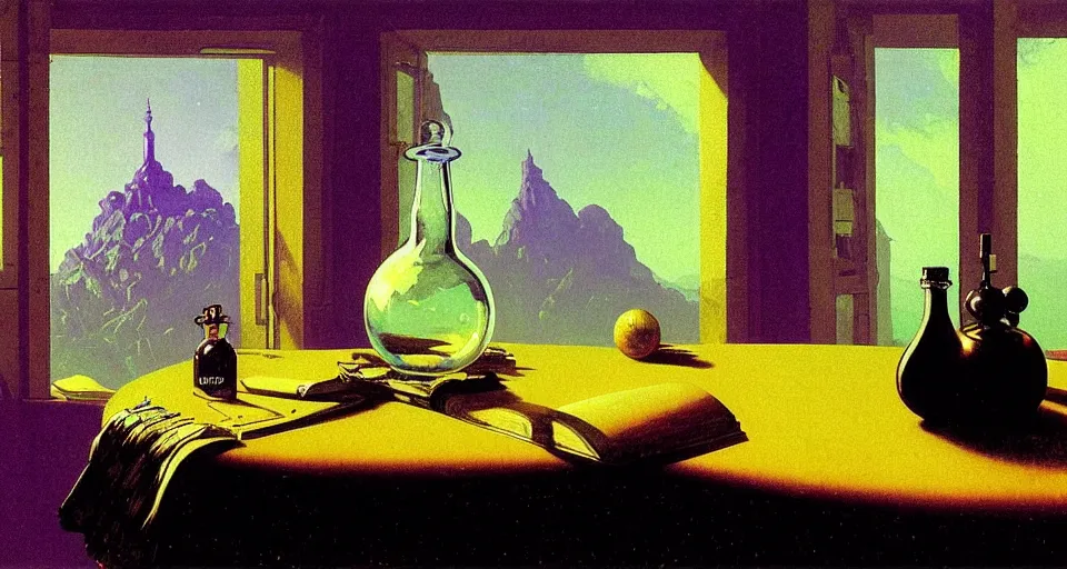 Prompt: one single purple potion in a round bottle with a glowing galactic landscape inside of it on a messy brown table, papers and books, sunlight from a window, soft lighting, atmospheric, bottle is the focus. rene magritte simon stalenhag carl spitzweg syd mead norman rockwell edward hopper james gilleard