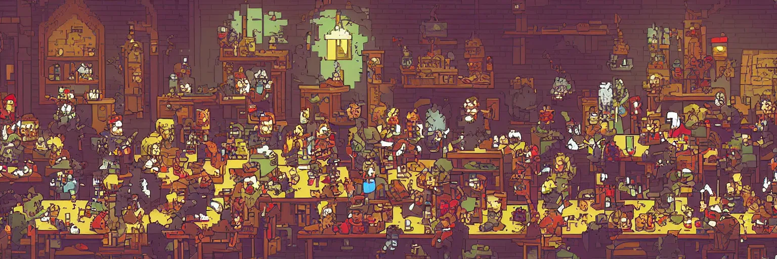 Image similar to panorama pixel art magic tavern with devils and angels eating and drinking, high detail