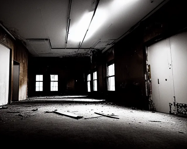 Image similar to the backrooms, the eerie forlorn atmosphere of a place that's usually bustling with people but is now abandoned and quiet, buzzing fluorescent lights above the ceiling, unsettling images, liminal space, dark, white monster standing