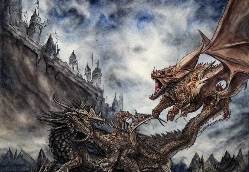 Prompt: possum adventurer fighting a dragon at a medieval castle under a dark starred sky, dark fantasy, watercolor, dreaming illusion, highly detailed, 4k, trending on Artstation, award-winning