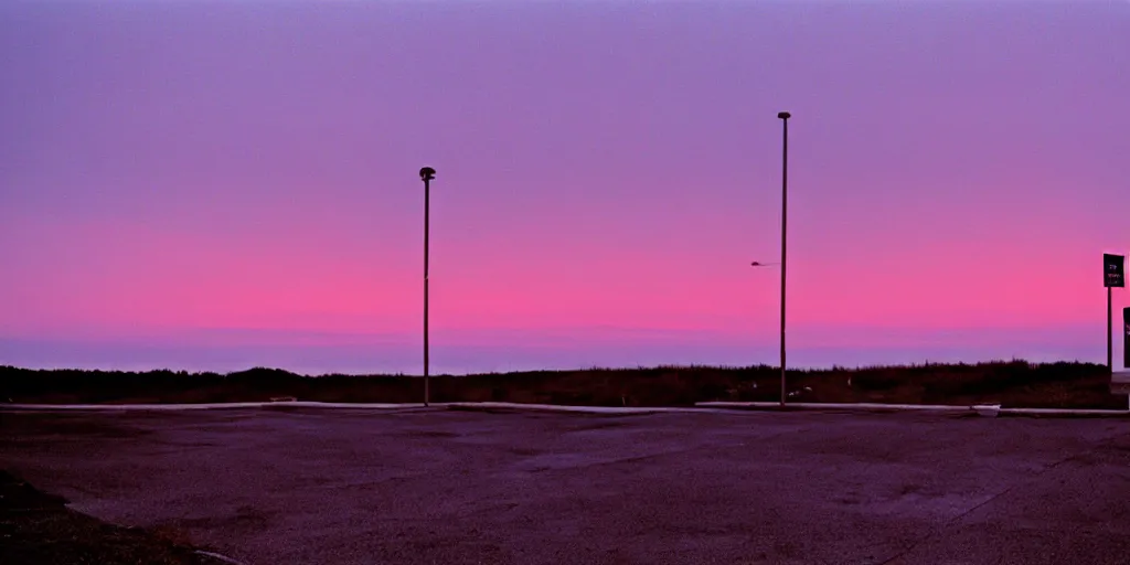 Image similar to a lonely port byron travel plaza in the middle of nowhere, sunset, eerie vibe, leica, 2 4 mm lens, cinematic screenshot from the 2 0 0 1 film directed by charlie kaufman, kodak color film stock, f / 2 2, 2 4 mm wide angle anamorphic