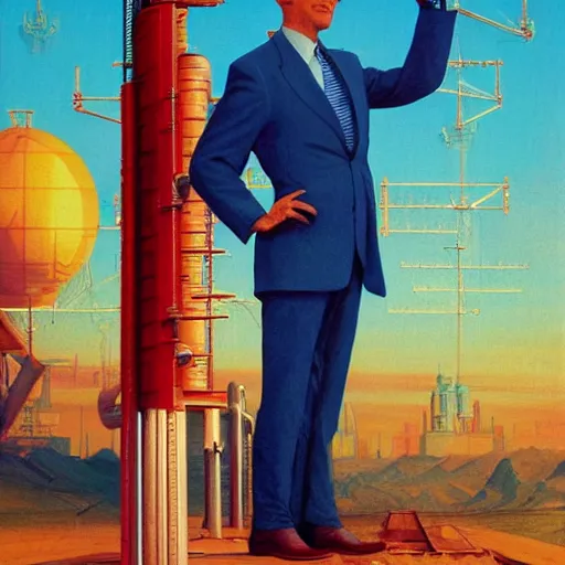 Image similar to solarpunk soviet propaganda of joe biden standing in front of solar panels by j. c. leyendecker, bosch, lisa frank, jon mcnaughton, and beksinski