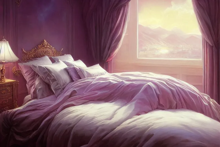 Prompt: vaporwave ombre detailed luxury bed in the bedroom. highly detailed, digital painting, artstation, concept art, smooth, sharp focus, illustration, ed hopper, chris moore. artgerm, tomasz alen kopera, peter mohrbacher, donato giancola, joseph christian leyendecker, wlop, boris vallejo