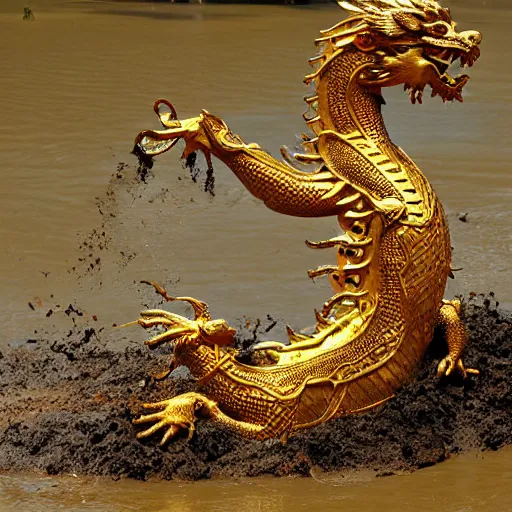 Image similar to golden chinese dragon play in mud