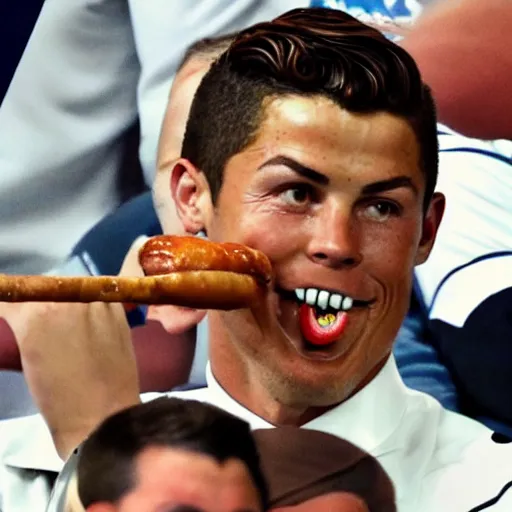 Prompt: Christiano Ronaldo with googly eyes eating a Bratwurst