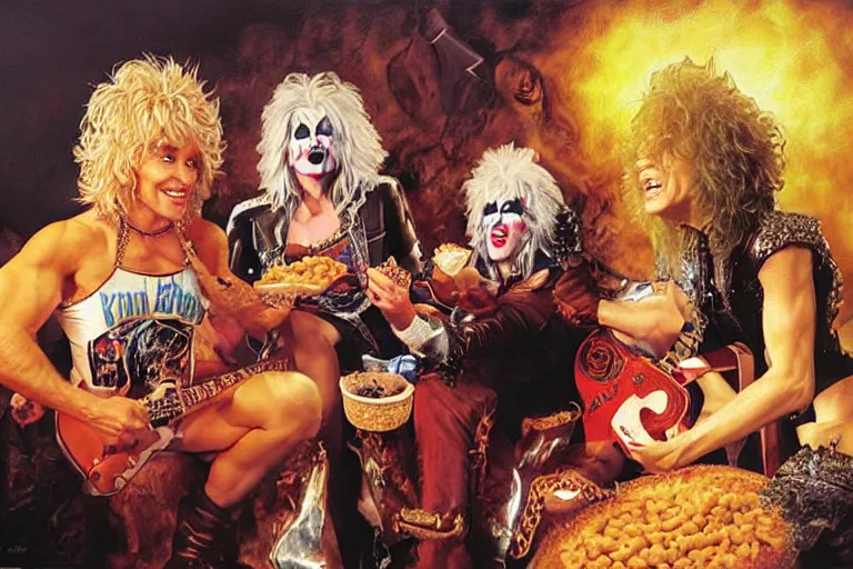 Prompt: dolly parton sharing baked beans with paul stanley in kiss makeup, an oil painting by ross tran and thomas kincade