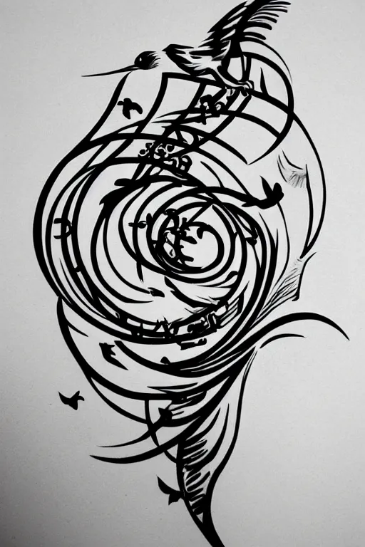 Prompt: a simple tattoo design of birds flying in spirals, black ink, logo