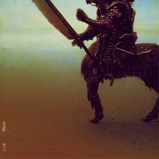 Prompt: winged hussar riding a war bear in armor, beksinski