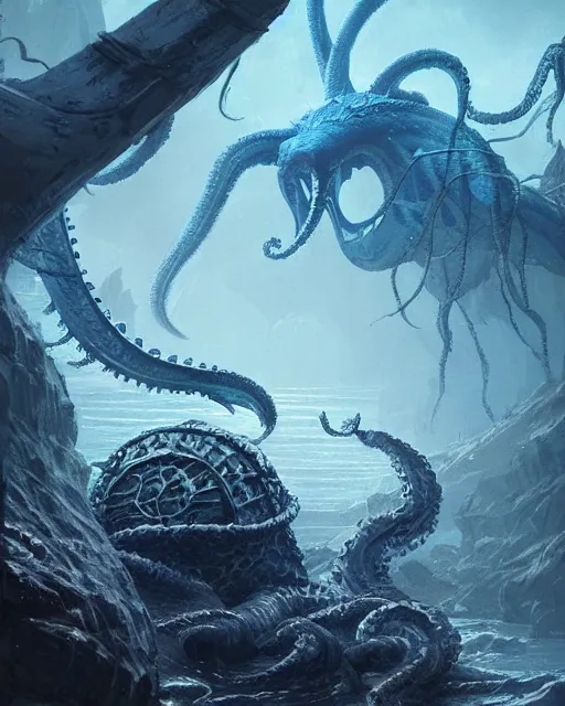 Image similar to An invisible Kraken, blue sea, fantasy art, monster art, in the style of greg rutkowski, illustration, epic, fantasy, intricate, hyper detailed, artstation, concept art, smooth, sharp focus, ray tracing