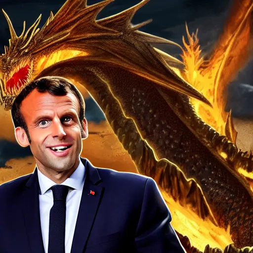 Image similar to portrait of Emmanuel Macron in fantasy armor behind him a dragon breathes fire, realistic, detailed, cinematic light, art of D&D