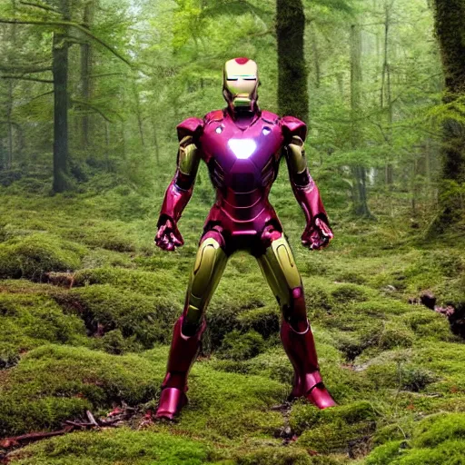 Image similar to abandoned iron man suit in the middle of the forest, overgrown by moss, 4k realistic photo