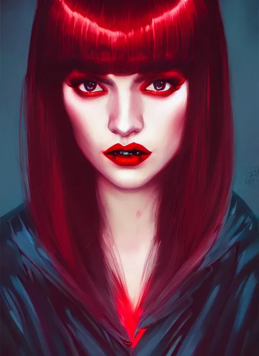 Image similar to portrait of vampire veronica lodge with bangs, vampire fangs, vampire, long hair, red clothes, bangs, vampironica, intricate, elegant, glowing lights, highly detailed, digital painting, artstation, concept art, smooth, sharp focus, illustration, art by wlop, mars ravelo and greg rutkowski