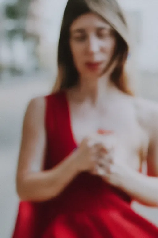 Prompt: portrait of a woman in a red sleeveless dress, out of focus, blurry, pretty