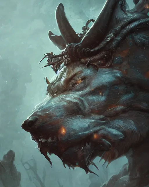 Prompt: A minotaur as a wolf, terrifying face, highly detailed face, close-up, fantasy art, monster art, in the style of greg rutkowski, illustration, epic, fantasy, intricate, hyper detailed, artstation, concept art, smooth, sharp focus, ray tracing