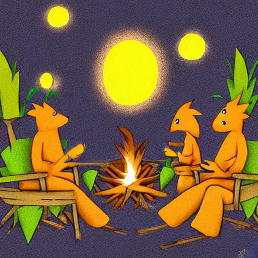 Image similar to anthropomorphic prunes sit around a campfire having a discussion on the taste of pineapples, digital art