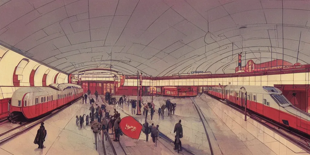 Image similar to soviet ussr retrofuturistic train station by syd mead, ralph mcquarrie, washed colours