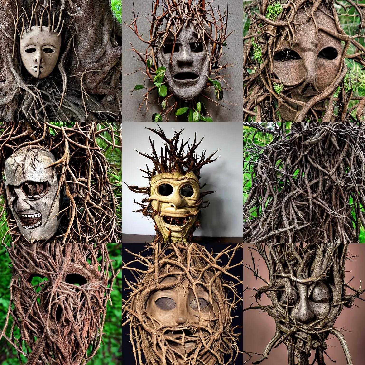 Prompt: a horrifying mask made of twisted roots and thorns